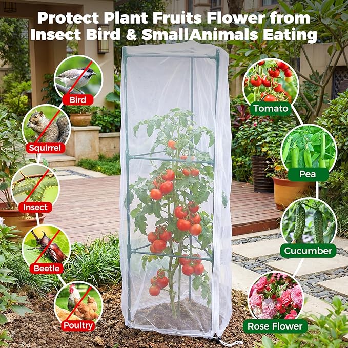 3Pcs Garden Bird Netting Plant Cover for Tomato Cage, 55" x 17.7" Insect Bird Barrier Tomato Cage Net with 20 Clips, Tomato Trellis Plant Netting Cover for Square Tomatoes Cages Plants Protection
