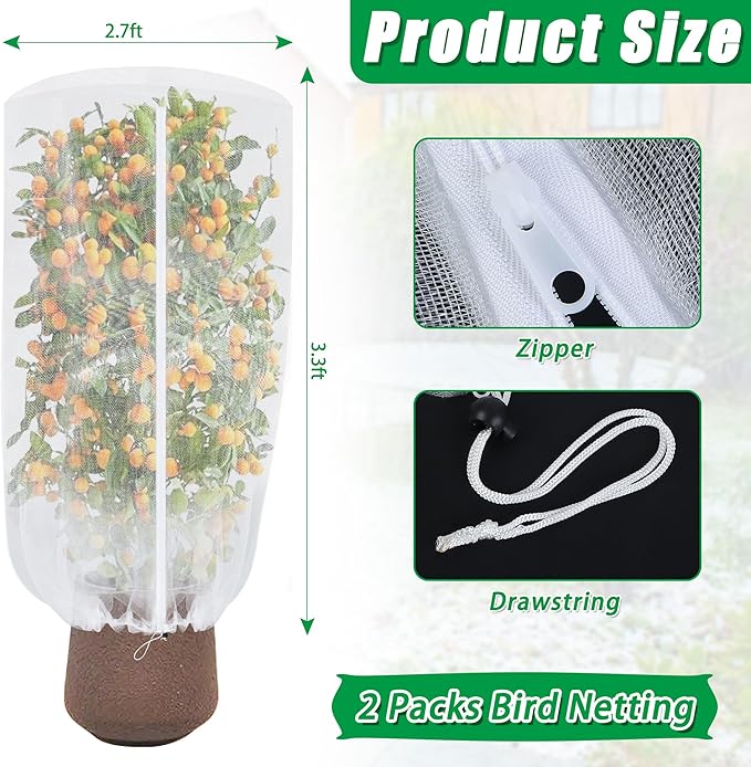 2 Pack Garden Netting for Plant, 2.7x3.3ft Round Top Bird Netting Pest Barrier Mesh with Zipper and Drawstring, Plant Cover Bag for Blueberry Bushes, Small Fruit Tree and Vegetables