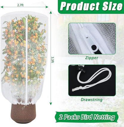 2 Pack Garden Netting for Plant, 2.7x3.3ft Round Top Bird Netting Pest Barrier Mesh with Zipper and Drawstring, Plant Cover Bag for Blueberry Bushes, Small Fruit Tree and Vegetables