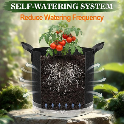5 Pack 5 Gallon Self-Watering Grow Bags, Thick Nonwoven Fabric Pots with Support Rings and Reinforced Handles, Self-Watering Planters with Bottom Reservoir for Tomatoes Peppers Potatoes and Vegetables