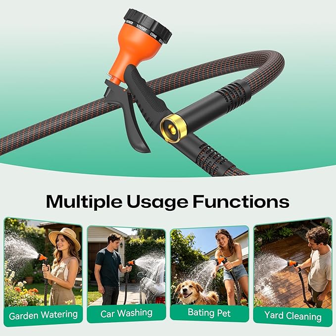Garden Hose 25ft NON-EXPANDABLE Water Hose, 3-Layer Lightweight Nylon Braided Hose for Yard, Car Wash & Pet Shower, 600 PSI Burst Heavy Duty Kink-Free with 10-Way Nozzle & 3/4" Brass Fittings