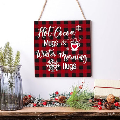 Blulu Christmas Hanging Wooden Sign Christmas Coffee Bar Decor Wood Candy Cane Hot Cocoa Sign Door Hanging Plaque for Xmas Winter Holiday Kitchen Home Wall Decoration(Plaid)