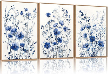 FWIEXA Blue White Wildflower Canvas Wall Art Set of 3, Framed Navy Chinoiserie Watercolor Botanical Pictures Wall Decor, Minimalist Floral Paintings Artwork, 16x24In Florals Prints for Living Room, Bedroom, Bathroom