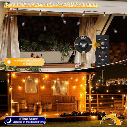 Ollny S11 50FT Outdoor String Lights with Remote, 3 Modes Dimmable Timers Waterproof Connectable Outside Lights, 24+2 LED Spare Bulbs Dusk to Dawn Hanging Light for Yard Balcony Camping Gazebo Garden