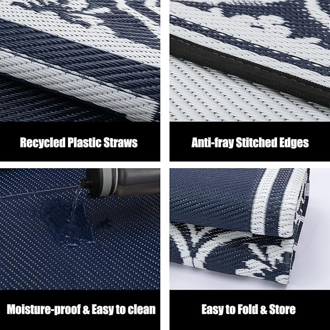 HUGEAR Patio Rug 10'x14' Waterproof Outside Area Rugs Reversible Blue Outdoor Plastic Straw Carpet for RV Deck Camping Entryance Porch Picnic Balcony Beach
