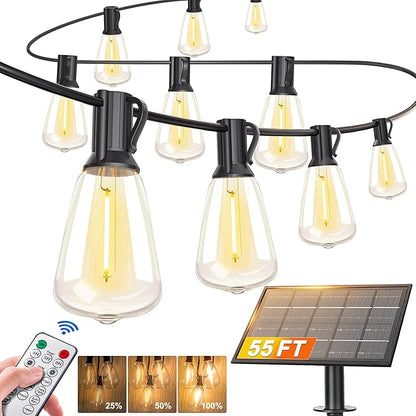 BLIATLUS 55FT Solar String Lights Outdoor Waterproof with Remote Control Solar Patio Lights 24+2 shatterproof LED ST38 Bulbs for Porch Garden Market Bistro Patio Backyard Fence
