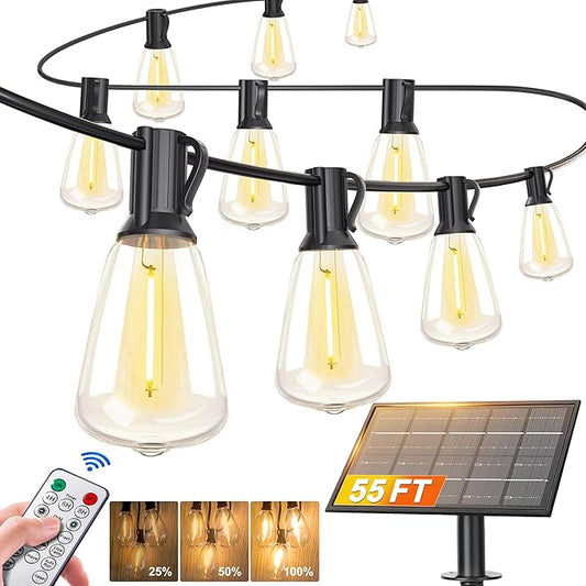 BLIATLUS 55FT Solar String Lights Outdoor Waterproof with Remote Control Solar Patio Lights 24+2 shatterproof LED ST38 Bulbs for Porch Garden Market Bistro Patio Backyard Fence
