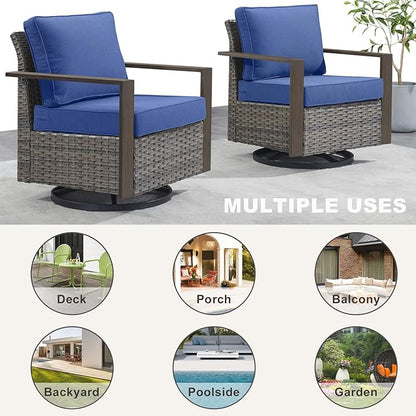 Rilyson Outdoor Patio Swivel Rocker Chairs - Wicker Rattan Patio Swivel Rocking Chairs Set of 2 with Metal Wide Armrest, Thick Cushions and Deep Seating for Deck Porch Sunroom Garden(Mixed Grey/Blue)