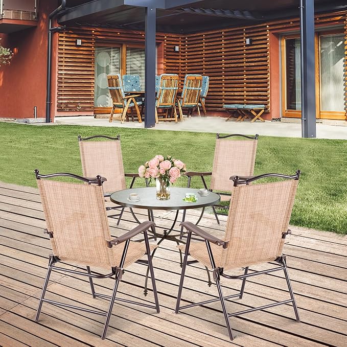 Tangkula Set of 2 Patio Folding Dining Chairs, Outdoor Sling Lawn Chairs with Armrests, Steel Frame, Portable Camping Lounge Chairs for Backyard, Deck, Poolside and Garden, No Assembly (1, Beige)