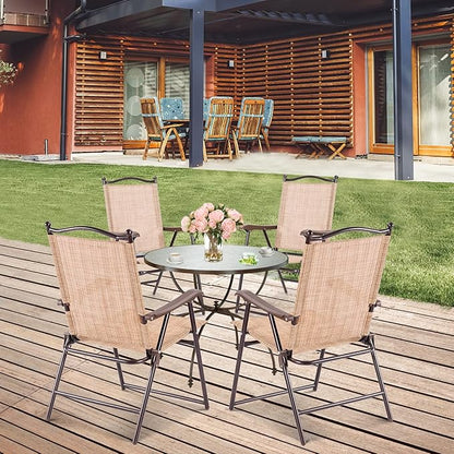 Tangkula Set of 2 Patio Folding Dining Chairs, Outdoor Sling Lawn Chairs with Armrests, Steel Frame, Portable Camping Lounge Chairs for Backyard, Deck, Poolside and Garden, No Assembly (1, Beige)