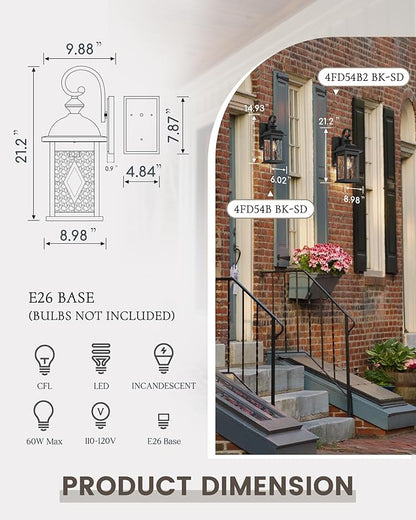 FEMILA 2 Pack Large Outdoor Wall Sconce, 21" Exterior Wall Light Fixtures, Anti-Rust Waterproof Porch Lights for Entryway, Patio, Garage, Doorway, Matte Black, 4FD54B2-2PK BK-SD