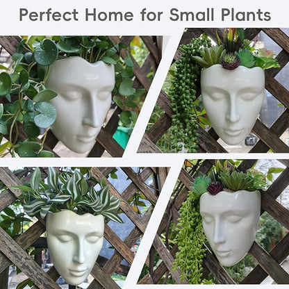 Ceramic Face Wall Planter, White Head Vase with Drainage Hole, Modern Art Indoor Outdoor Wall Mounted Succulent Planter, Elegant Home Garden Decor