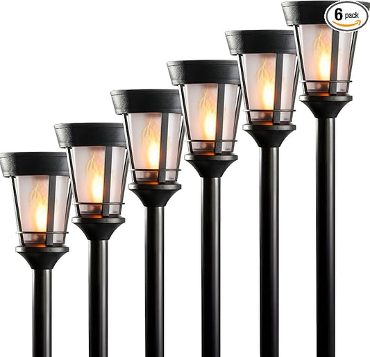 Classic Solar Path Torch - Elegant Flickering Flame Effect with Patented LED, IP65 Waterproof, Solar-Powered Lighting for Garden, Walkway, Yard, and Landscape Ambiance Easy Stake Installation (6 Pack)