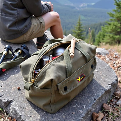 Waxed Canvas All Purpose Military Style Duffle Bag, Water-Resistant, Adjustable Strap, Fully Lined, Double Zipper Closure, heavy Duty, Olive Green