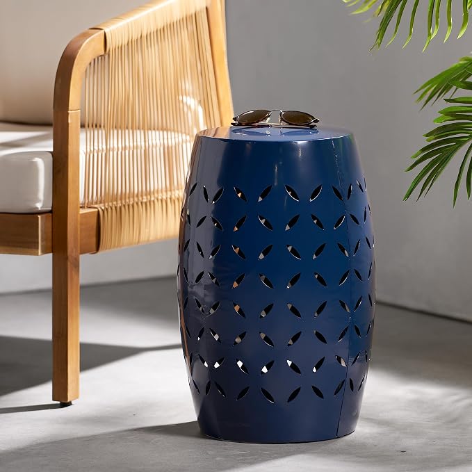 Christopher Knight Home Hayon 17.75'' Small Outdoor Side Table, Metal Outdoor Stool, Lace Cut Iron End Table, Hollow Drum Round Side Table, Decorative Garden Stool with Cutout Design, Dark Blue