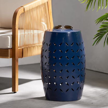 Christopher Knight Home Hayon 17.75'' Small Outdoor Side Table, Metal Outdoor Stool, Lace Cut Iron End Table, Hollow Drum Round Side Table, Decorative Garden Stool with Cutout Design, Dark Blue