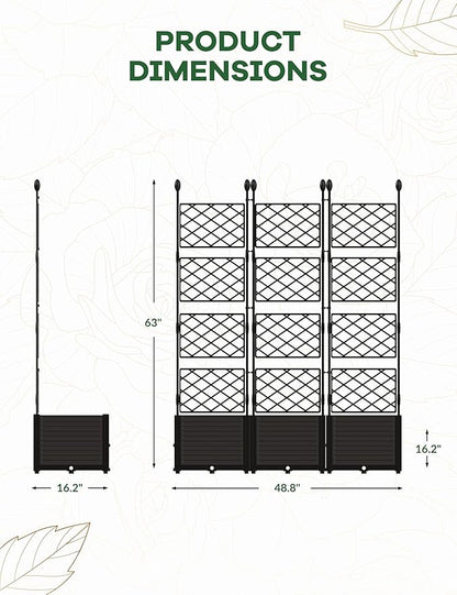 3 PCS Raised Garden Bed with Trellis,63" h Vertical Planter Box with Drainage Holes for Climbing Plants, Patio Privacy Screen & Balcony Garden