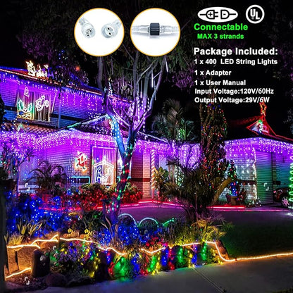 400 LED Icicle Lights for Outside 33ft Purple Christmas Lights Outdoor 8 Modes with 75 Drops Waterproof Christmas Icicle Light Plug in for Indoor House Party Holiday Decorations
