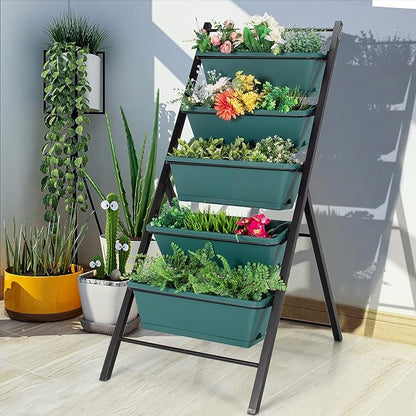 Giantex Set of 2 Vertical Planter Raised Bed, Elevated Garden Beds with Water Drainage Hole, Freestanding 5 Container Boxes for Herb Vegetables Flowers Growing, Outdoor Indoor Patio Balcony