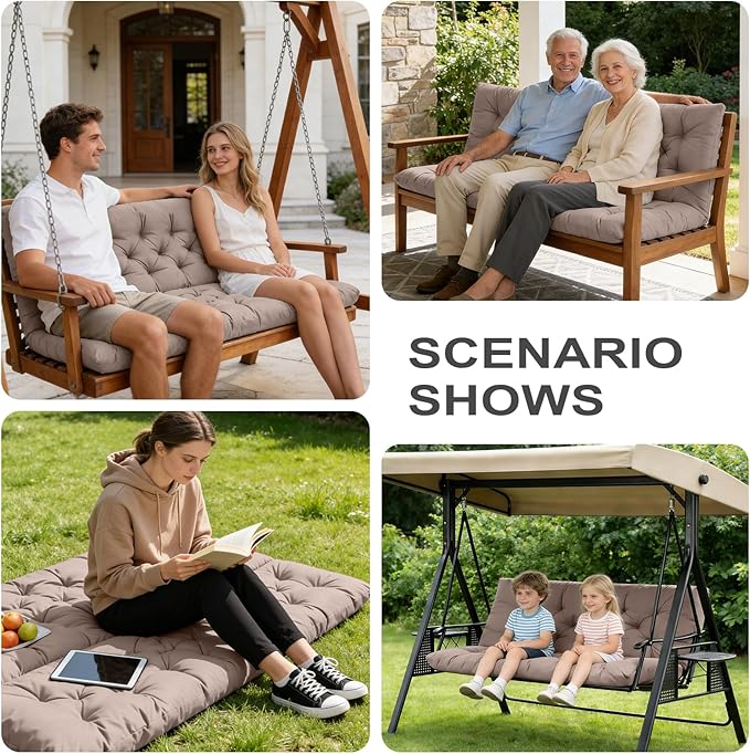 Porch Swing Cushions,Outdoor Cushions 3 Seater Replacement with Backrest, Waterproof Thickened Bench Cushion with Ties for Porch, Patio,Outdoor, Backyard and Garden (Khaki 47 * 40 in)