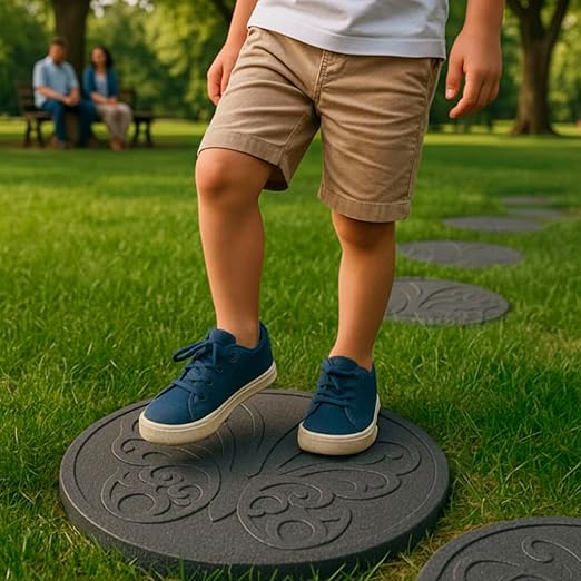 TierraVerde 4-Pack 18”x18” Fake Butterfly Rubber Stepping Stones, Round, Grey – Reversible Non-Slip Outdoor Faux Decorative Set for Landscaping – DIY Decor for Walkways & Yard Pathways
