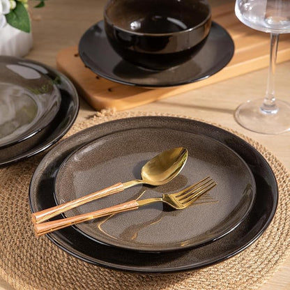 LeRatio Ceramic Dinnerware Sets for 6,Stoneware Plates and Bowls Sets,Handmade Reactive Glaze Dishes Set,Chip Resistant and Scratch Resistant | Oven&Dishwasher & Microwave Safe-Chestnut(18PCS)