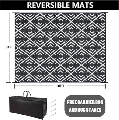 HUGEAR RV Outdoor Rug Waterproof Mat Outdoor Rugs 9'x12' for Patios Clearance Carpet Outdoor Camping Rugs Large Plastic Straw Rug(8x10ft Geometric Black&White)