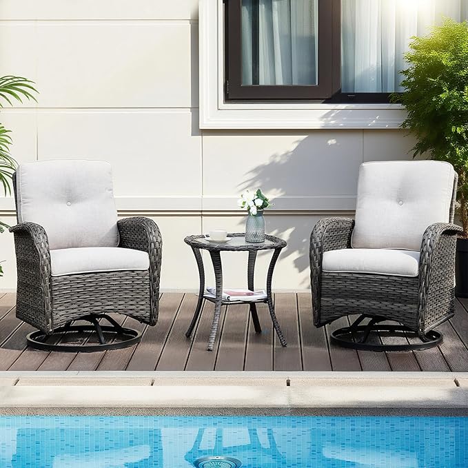 3-Piece Swivel Rocking Patio Set with Water-Repellant Cushions and Glass Table, Outdoor PE Wicker Lounge Set for Balcony, Porch, Garden, Backyard, Café All-Weather Bistro Set