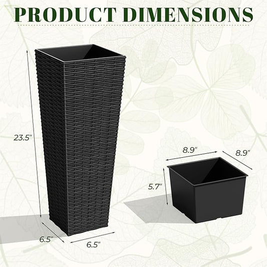 JUMMICO Set of 2 Resin Rattan Tall Planters for Outdoor Plants, Large Tapered Planters with Drainage Holes&Inner Trays, Flower Pots for Garden, Patio, Porch, Backyard (Black, 24'')