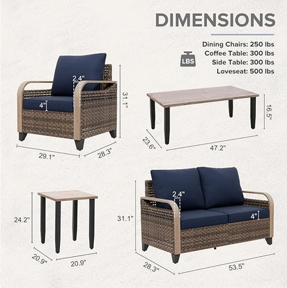 COOS BAY Modern Wicker Outdoor Furniture Set, Patio Conversation Set with Patio Chairs, 2 Seat Loveseat, Coffee Table and Side Table, 5 Piece, Brown/Blue