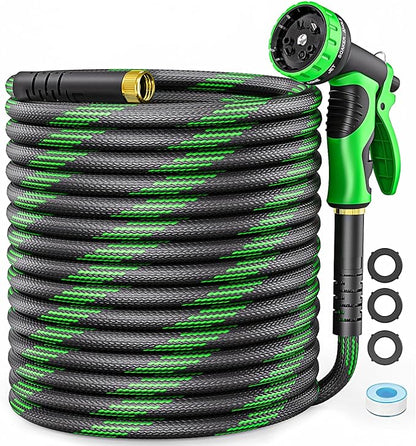Non-Expandable Garden Hose 50 FT, Heavy-Duty & Flexible Water Hose with 10-Function Nozzle, Kink-Free & Leak-Proof Design, Ultra Lightweight Portable Yard Hose for Lawn, Car, Outdoor Use