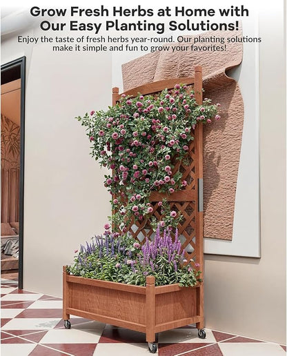 IDEALHOUS Large Raised Garden Bed with Trellis & Wheels, 61" Wooden Mobile Planter Box with Drainage Hole, Freestanding Vertical Planter for Outdoor Indoor Patio Lawn Herbs Flowers Vegetables, 2 Pack