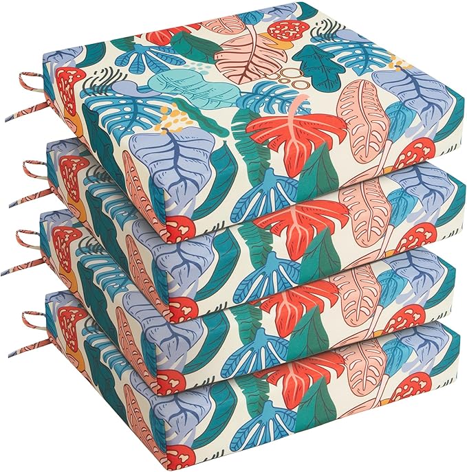 UNIKOME Outdoor Chair Cushions Pack of 4, Water Resistant Patio Cushions with Ties, High Density Sponge Filling Square Corner Seat Cushions for Outdoor Furniture, 18.5"*16"*3", Palm Tropical