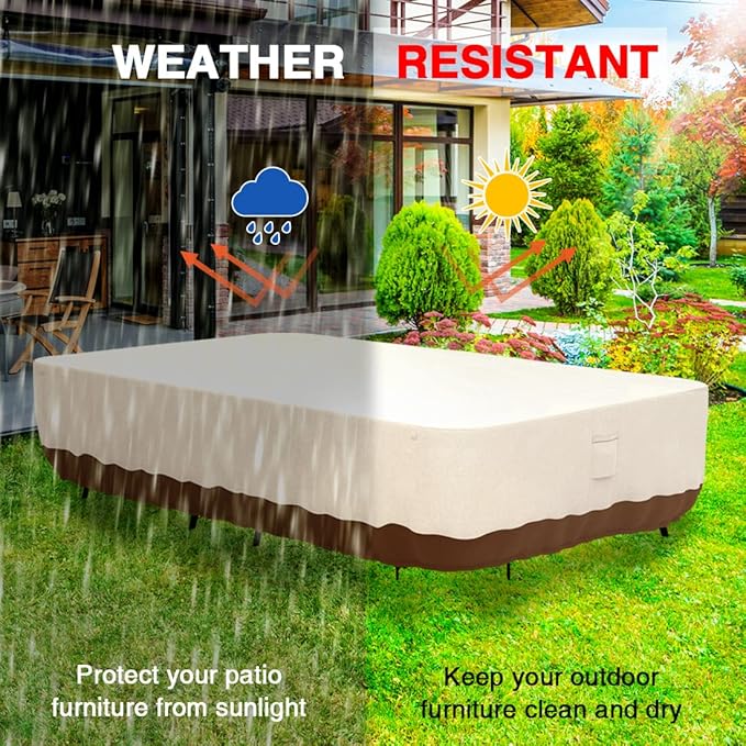 Tuyeho Patio Furniture Set Cover 124 x 84 x 28 inch, Heavy Duty Oxford Fabric Outdoor Dining Set Cover, Waterproof & Weather Resistant, for Your Outdoor Rectangular Table and Chairs (Beige & Brown)