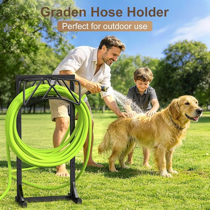 Garden Hose Holder Stand, Heavy Duty Freestanding Hose Holder Rack with 4 Spikes, Holds 150 ft, Outdoor Water Hose Holder for Yard Lawn Garden
