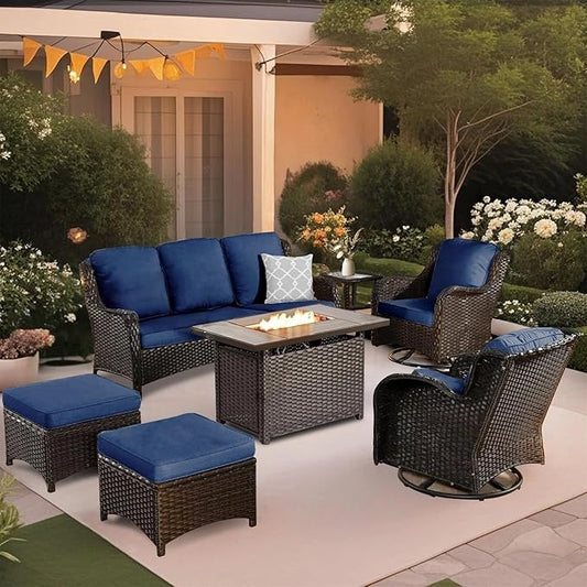 7 Pieces Outdoor Patio Furniture Conversation Set Rattan Wicker with Fire Pit Table, 3 Seat Sofa, 2 Swivel Rocker Chairs, 2 Ottomans and 1 Side Table for Yard Backyard BNB (Brown/Navy Blue)