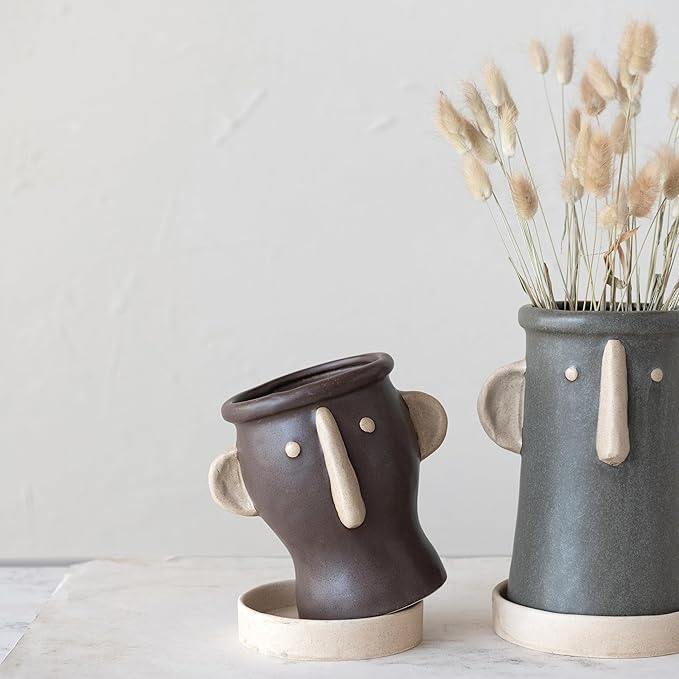 Creative Co-Op Stoneware Face Planter with Saucer, Brown & Cream Color, Holds 4" Pot