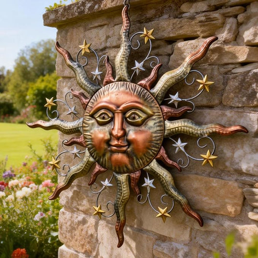 TERESA'S COLLECTIONS Sun Metal Wall Art for Outdoor Decor,32" Bronze Sun Face 3D Wall Decor for Garden Decor,Rustic Retro Hanging Sculpture for Outside Living Room Home Patio Farmhouse Gifts for Mom