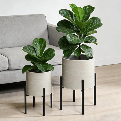 ARNIS Modern Plant Pots, Set of 2 Large Planters with Stand, Decorative Planters, Metal Pots with Drainage Holes for Living Room, Office, Garden or Balcony, 8.25 &10.5 Inch, Grey