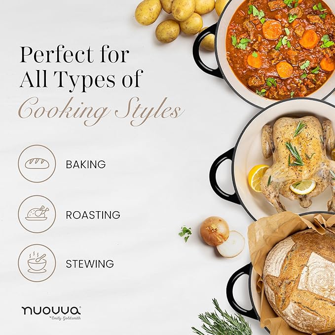 Cast Iron Dutch Oven with Lid-Non-Stick Ovenproof Enamelled Casserole Pot- Sturdy Dutch Oven Cookware - Black, 7.3- Quart, 30cm- by Nuovva