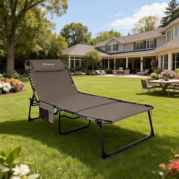 KingCamp Tanning Chair with Face Hole, Lounge Chairs Outdoor Folding Portable Comfy Adjustable 5-Position Lay Flat Foldable Chaise Chaser Lounger for Outside Beach Patio Sun Bathing Pool, Beige