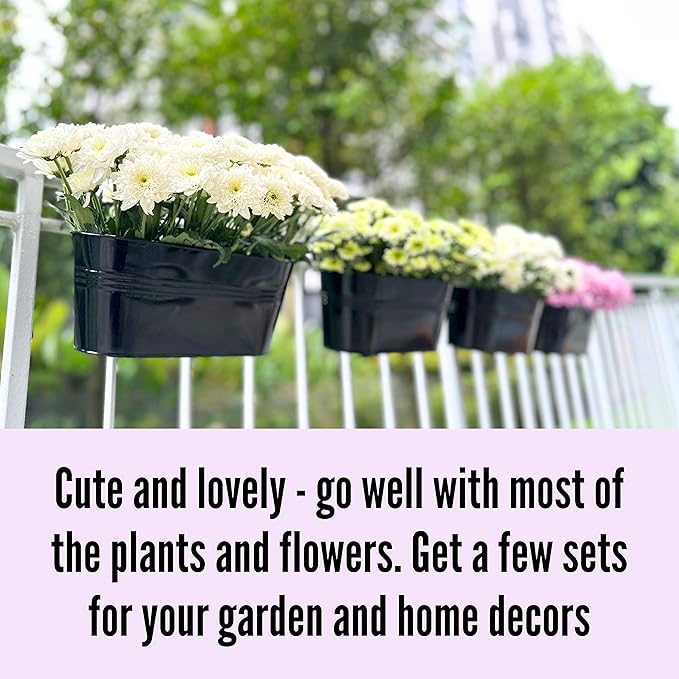 LaLaGreen Rail Planter Outdoor Plants (6 Pack, 9.8 Inch) Small and Cute Black Metal Iron Hanging Flower Pot Deck Railing Fence Buckets Countryside Style Window Box Plant Holder Hooks Porch Decor