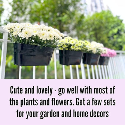 LaLaGreen Window Boxes Planters (5 Pack, 9.8 Inch) Small and Cute Black Metal Iron Hanging Flower Pots, Deck Railings Outdoor Fence Buckets Boho Style Wall Mount Plant Holder Hooks Porch Garden Decor