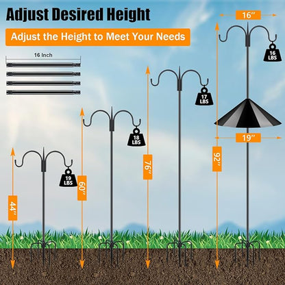 FEED GARDEN Bird Feeder Pole Squirrel Proof 92" Heavy Duty Shepherds Hook for Outdoor, Double Hooks with 19" Squirrel Baffle, 5-Prong Base Adjustable Bird Feeder Stand for Plants & Lanterns