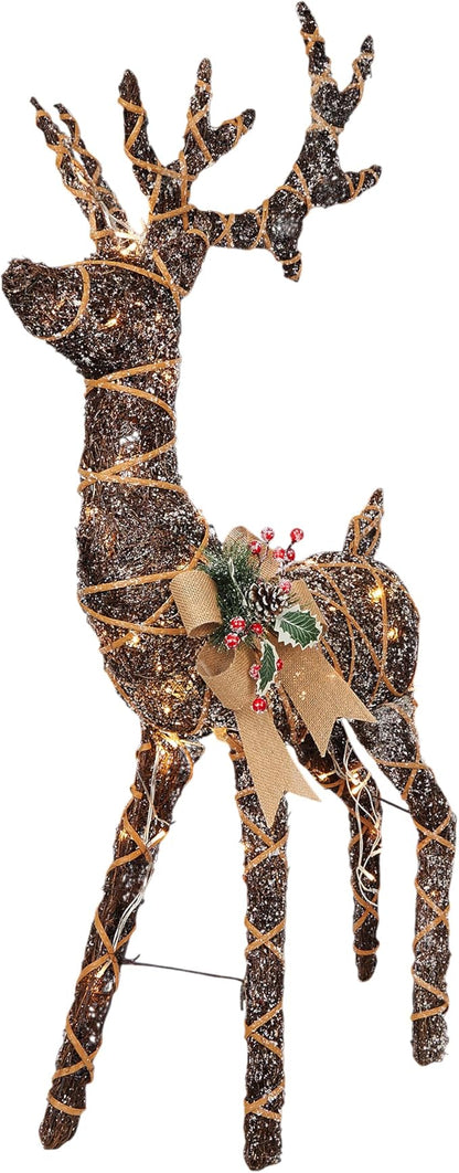 Alpine Corporation 48" Tall Outdoor Rattan Twig Grazing Reindeer Christmas Yard Decor with 80 Warm White LED Lights, Brown