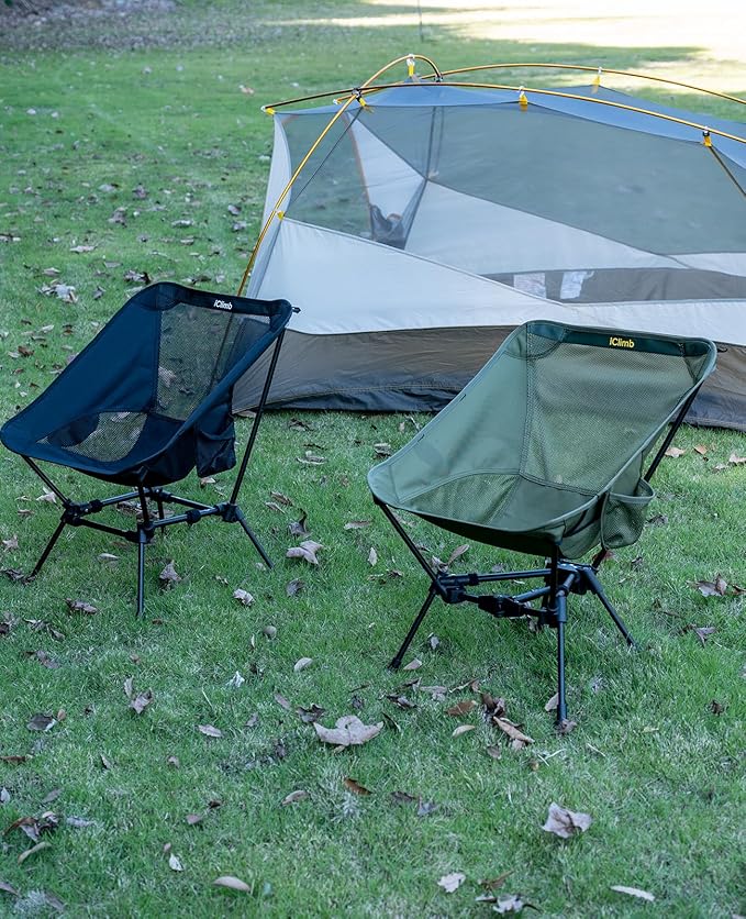 iClimb Ultralight Compact Camping Folding Beach Chair with Anti-Sinking Large Feet and Back Support Webbing (Black - Triangular Frame - 2PC)