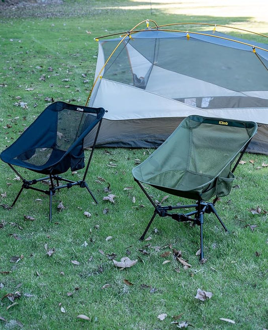 iClimb Ultralight Compact Camping Folding Beach Chair with Anti-Sinking Large Feet and Back Support Webbing (Black - Triangular Frame)