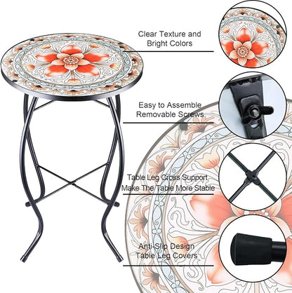 Arbuxzuy 12 Inch Small Outdoor Side Table with Pink Flower, Glass Mosaic Patio Table Indoor, Round Plant Coffee Table for Living Room, Balcony, Garden
