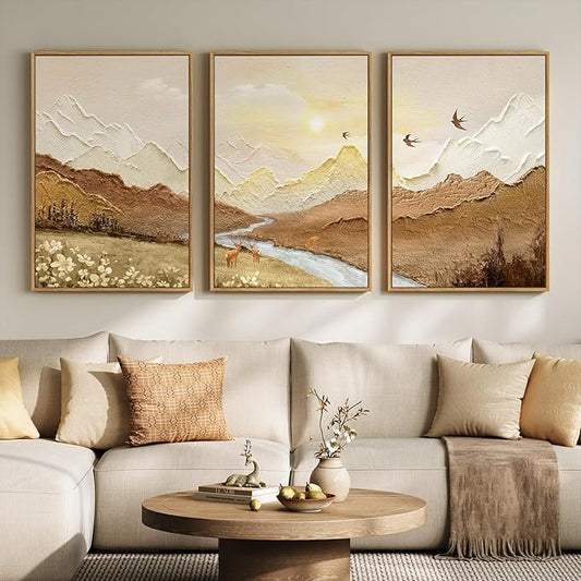 Framed Abstract Mountain Landscape Wall Art for Living Room, 3 Piece Brown Neutral Sunset Scenic Print Canvas Artwork for Walls, Large River Deer Bird Nature Wall Decor for Bedroom Office, 24x36 Inch