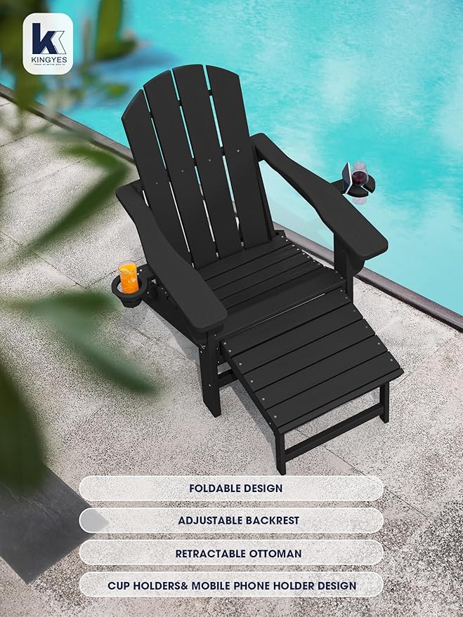 KINGYES Folding Adjustable Adirondack Chair with Ottoman & 2 Cup Holders Set of 4, HDEP Multifunctional Adirondack Chair with Footrest, Black